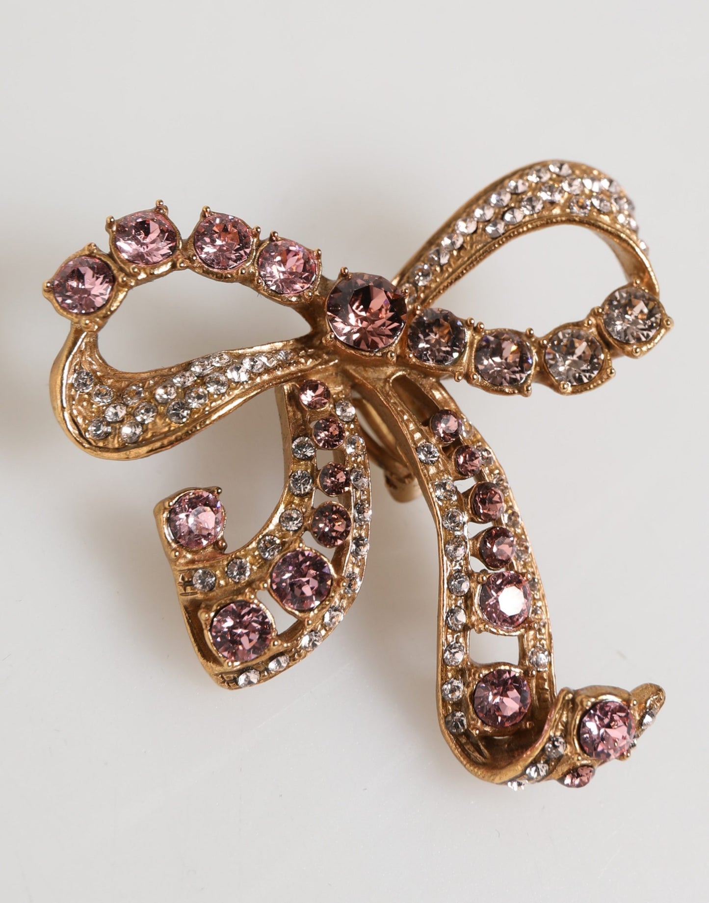 Gold Brass Pink Clear Crystal Bow Fiocchi Christmas Earrings