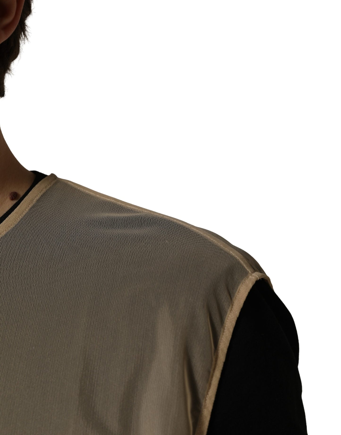 Beige Crew Neck Sleeveless Mesh Top T-shirt