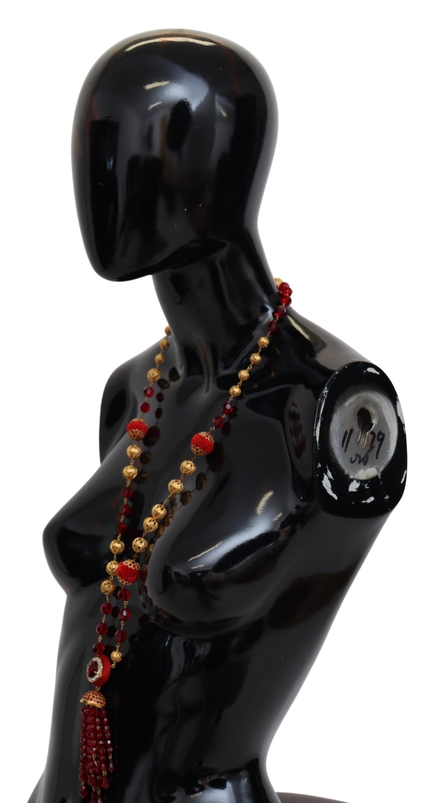 Gold Tone Brass Red Crystals Pendant Opera Chain Necklace