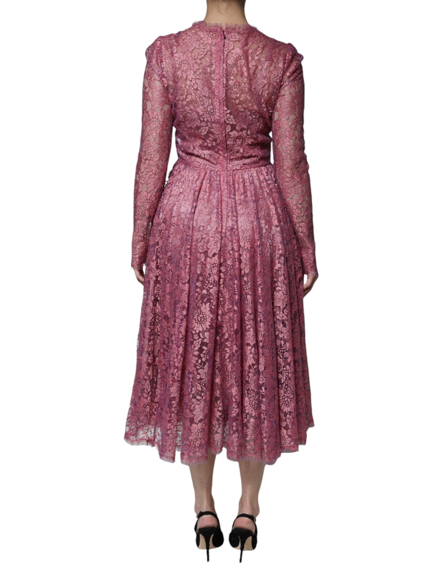Pink Floral Lace Long Sleeve Midi Dress