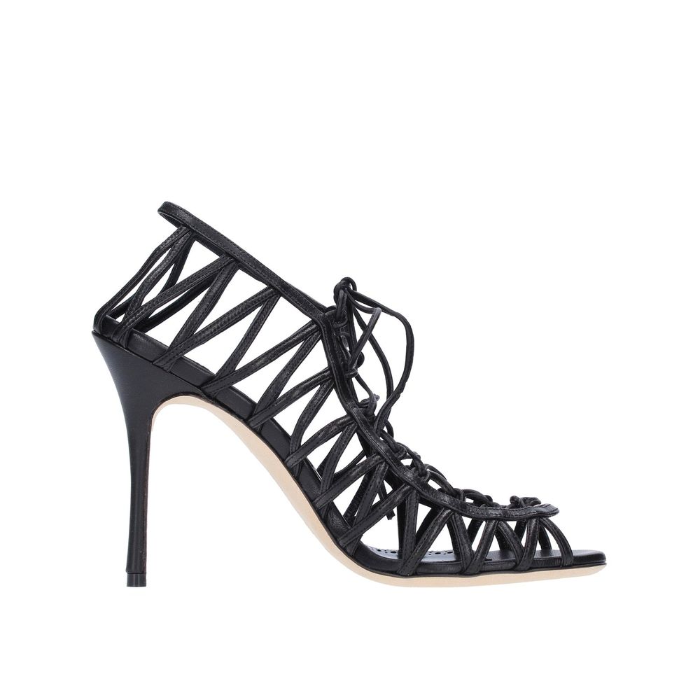 Black Leather Stiletto Heel Sandals