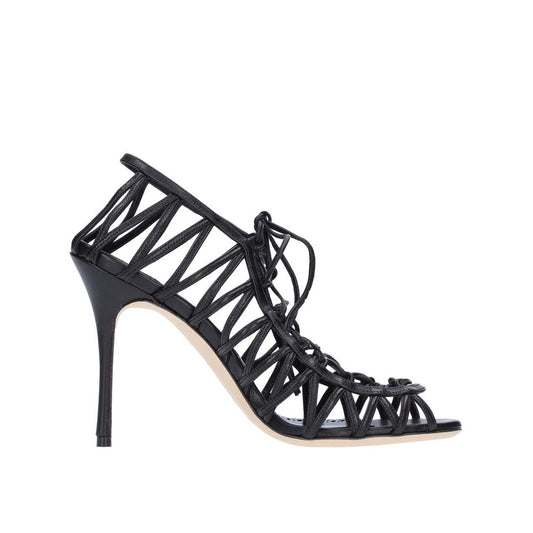 Black Leather Stiletto Heel Sandals