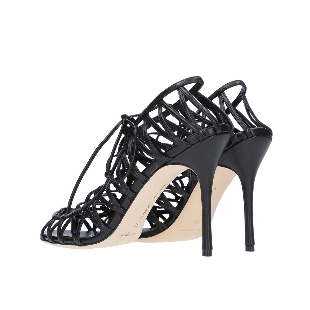 Black Leather Stiletto Heel Sandals