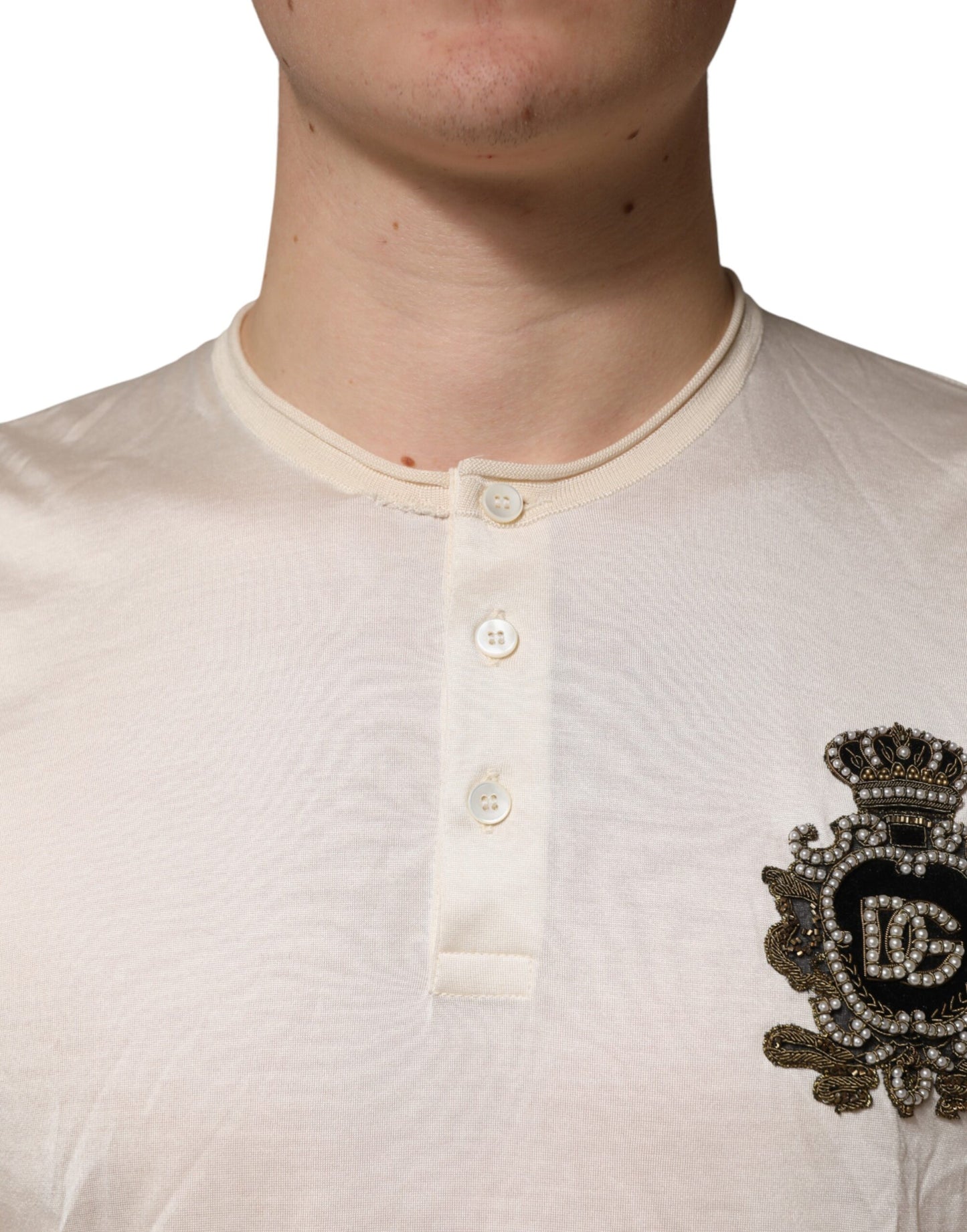 Off White Silk Logo Patch Men Henley T-shirt