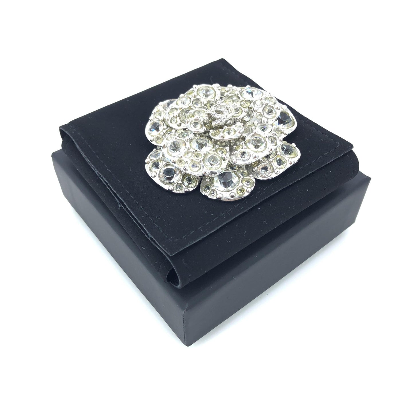 Silver Crystal Camellia Flower Brooch