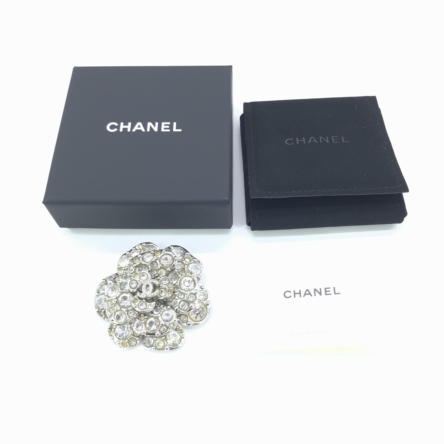 Silver Crystal Camellia Flower Brooch
