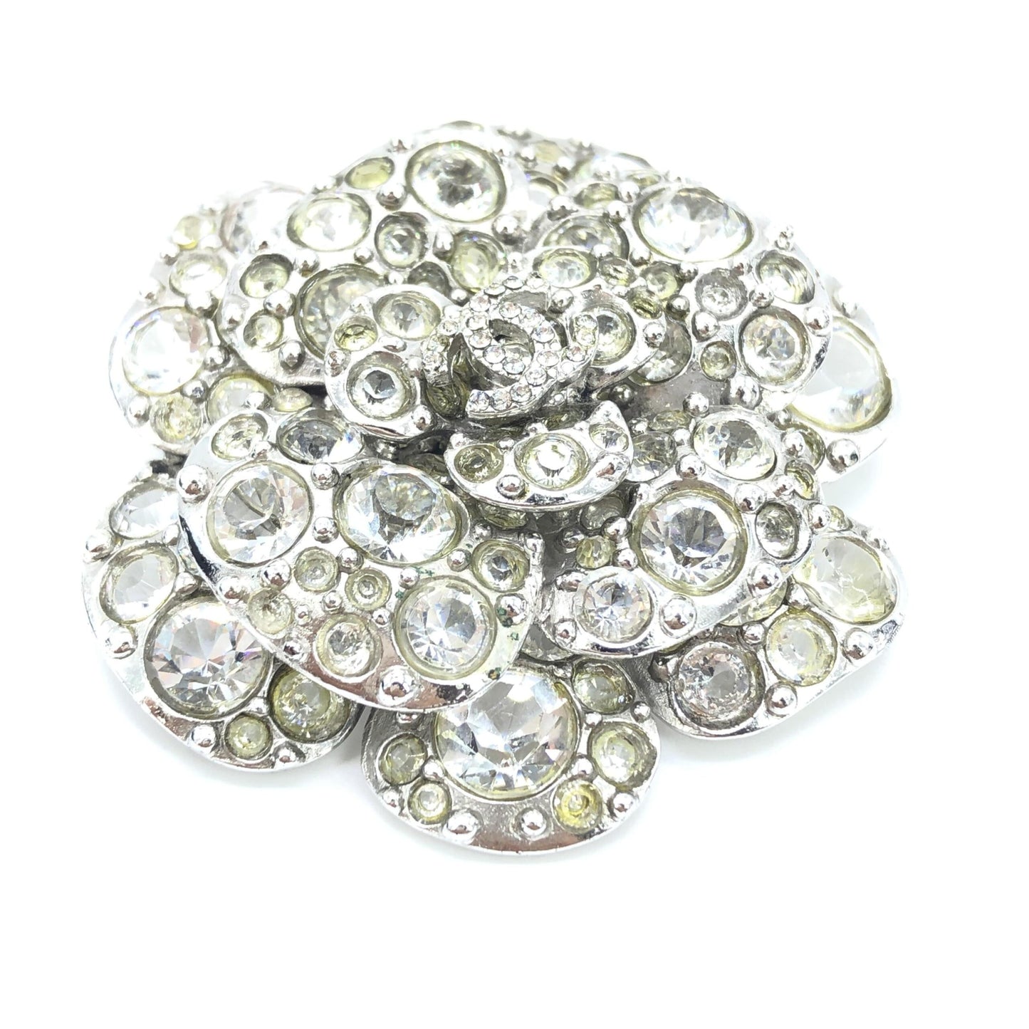 Silver Crystal Camellia Flower Brooch