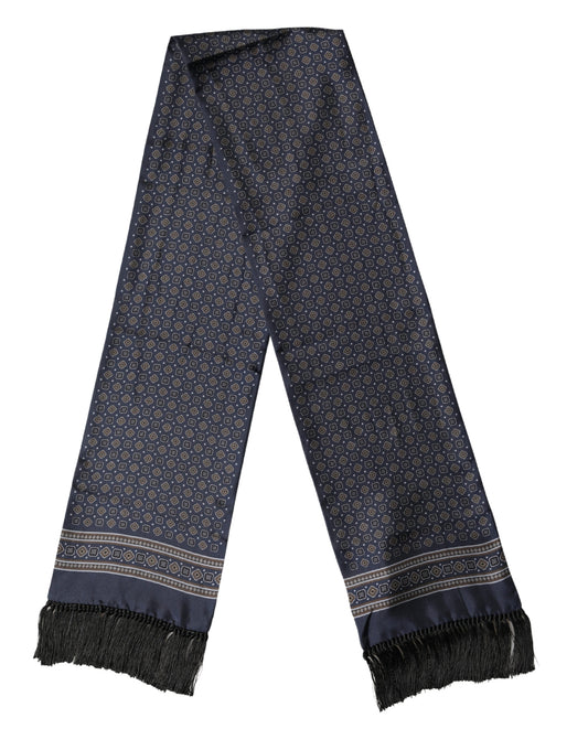 Navy Silk Geometric Fringe Foulard 137cm x 18cm Scarf