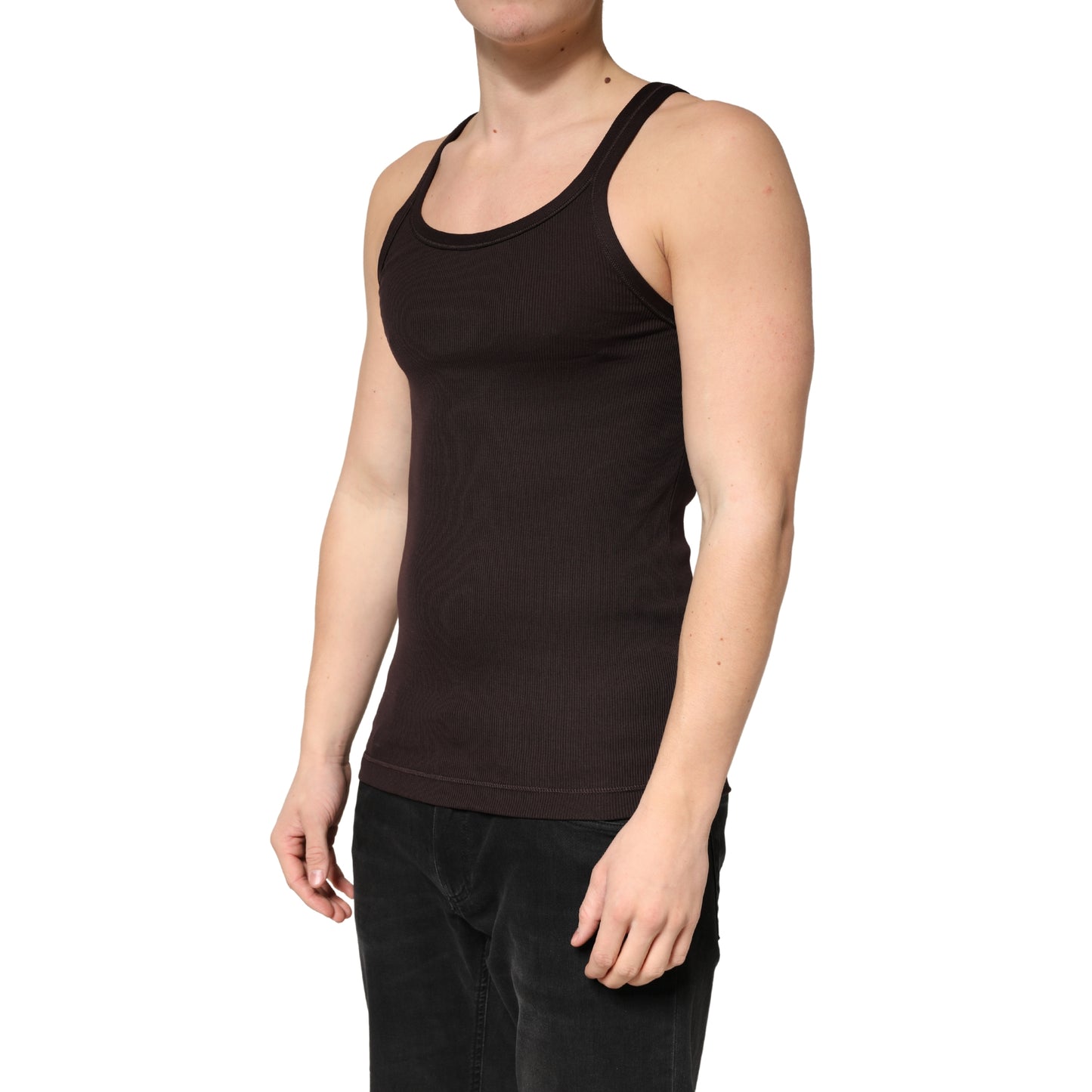 Brown Cotton Ribbed Sleeveless Tank Top  T-shirt