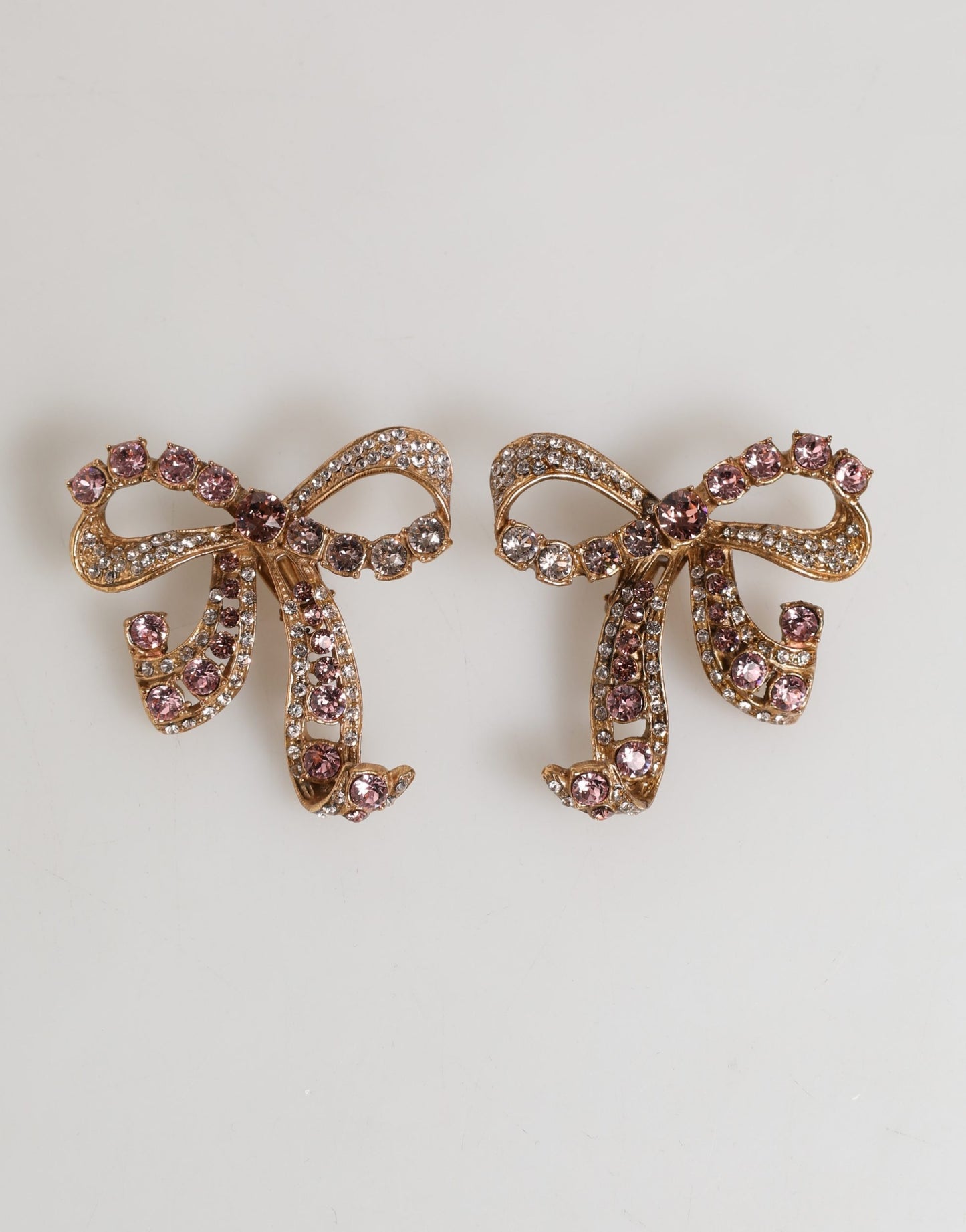 Gold Brass Pink Clear Crystal Bow Fiocchi Christmas  Earrings
