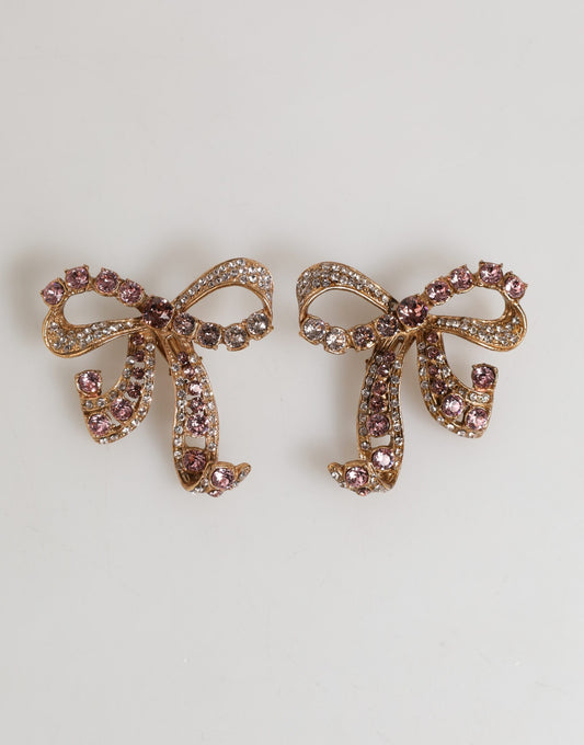 Gold Brass Pink Clear Crystal Bow Fiocchi Christmas  Earrings