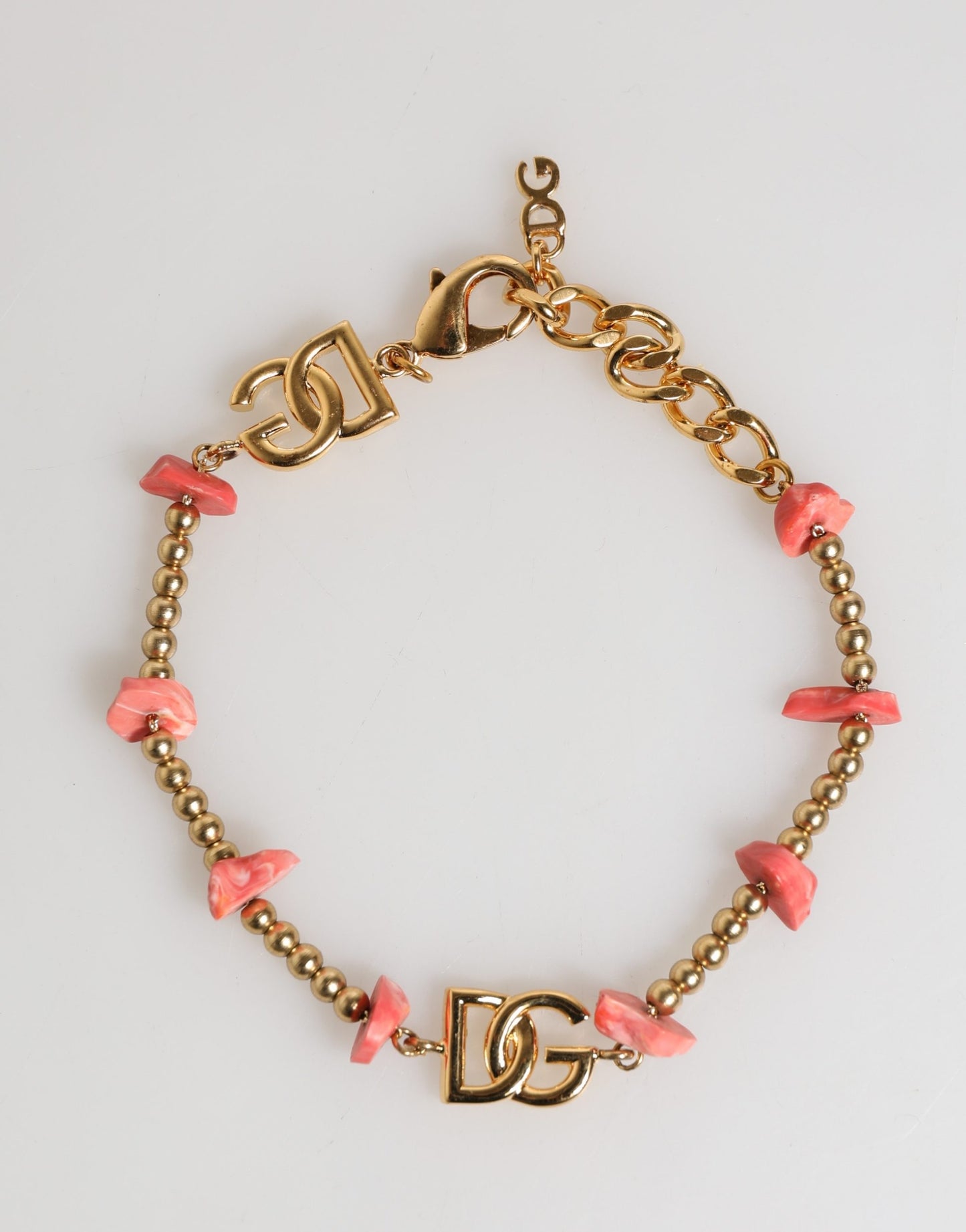 Gold Tone Brass Chain Link Resin Beaded DG Logo Bracelet
