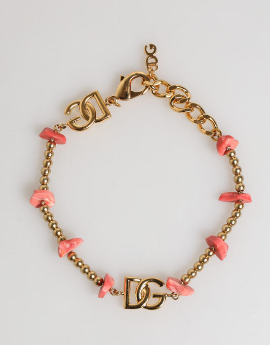 Gold Tone Brass Chain Link Resin Beaded DG Logo Bracelet