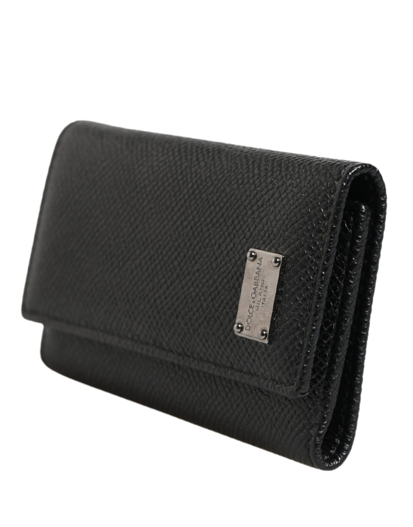 Black Leather Silver Metal Logo Plaque Trifold Keyring