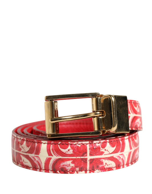 Red White Jacquard Calf Leather Gold Tone Buckle Belt