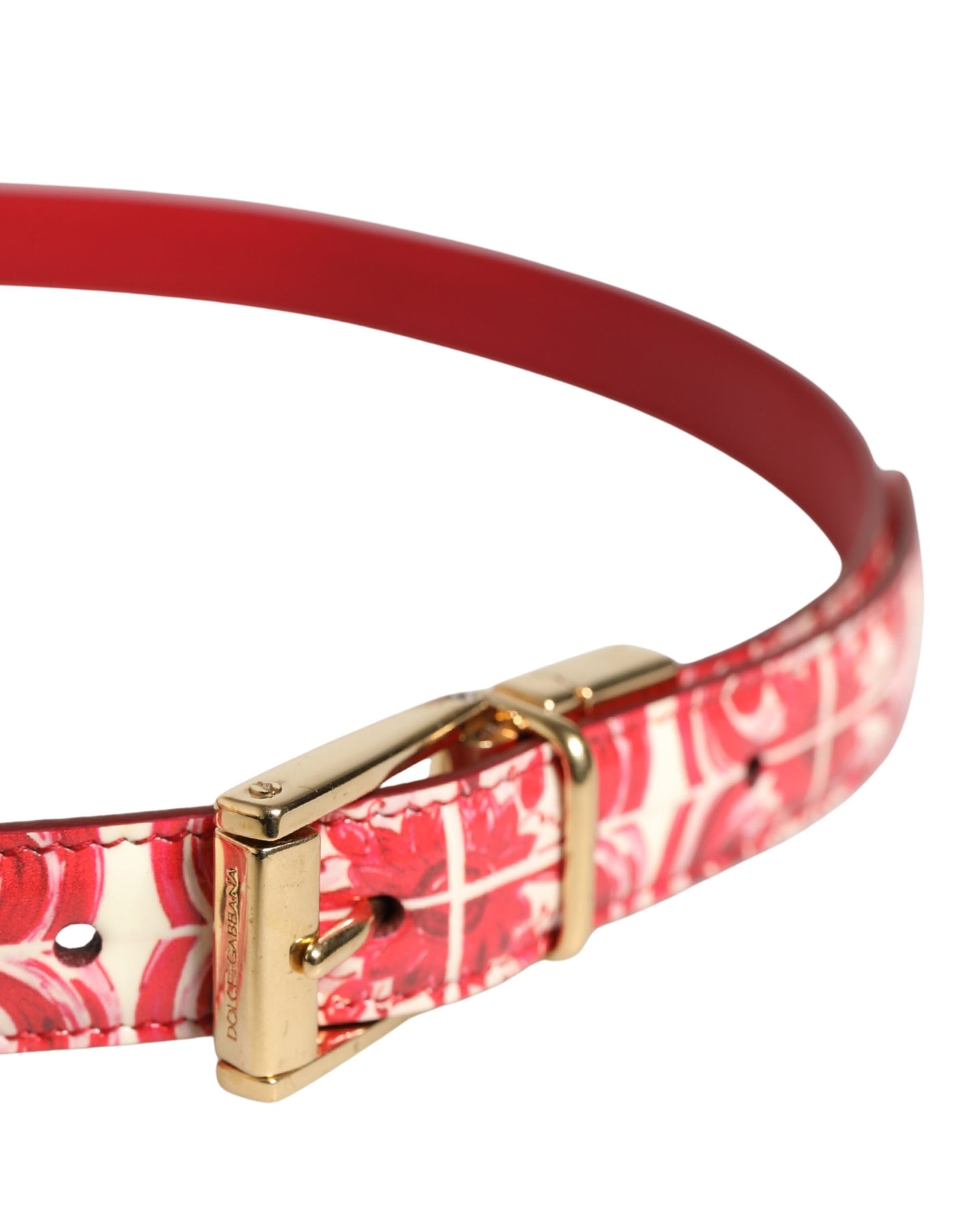 Red White Jacquard Calf Leather Gold Tone Buckle Belt