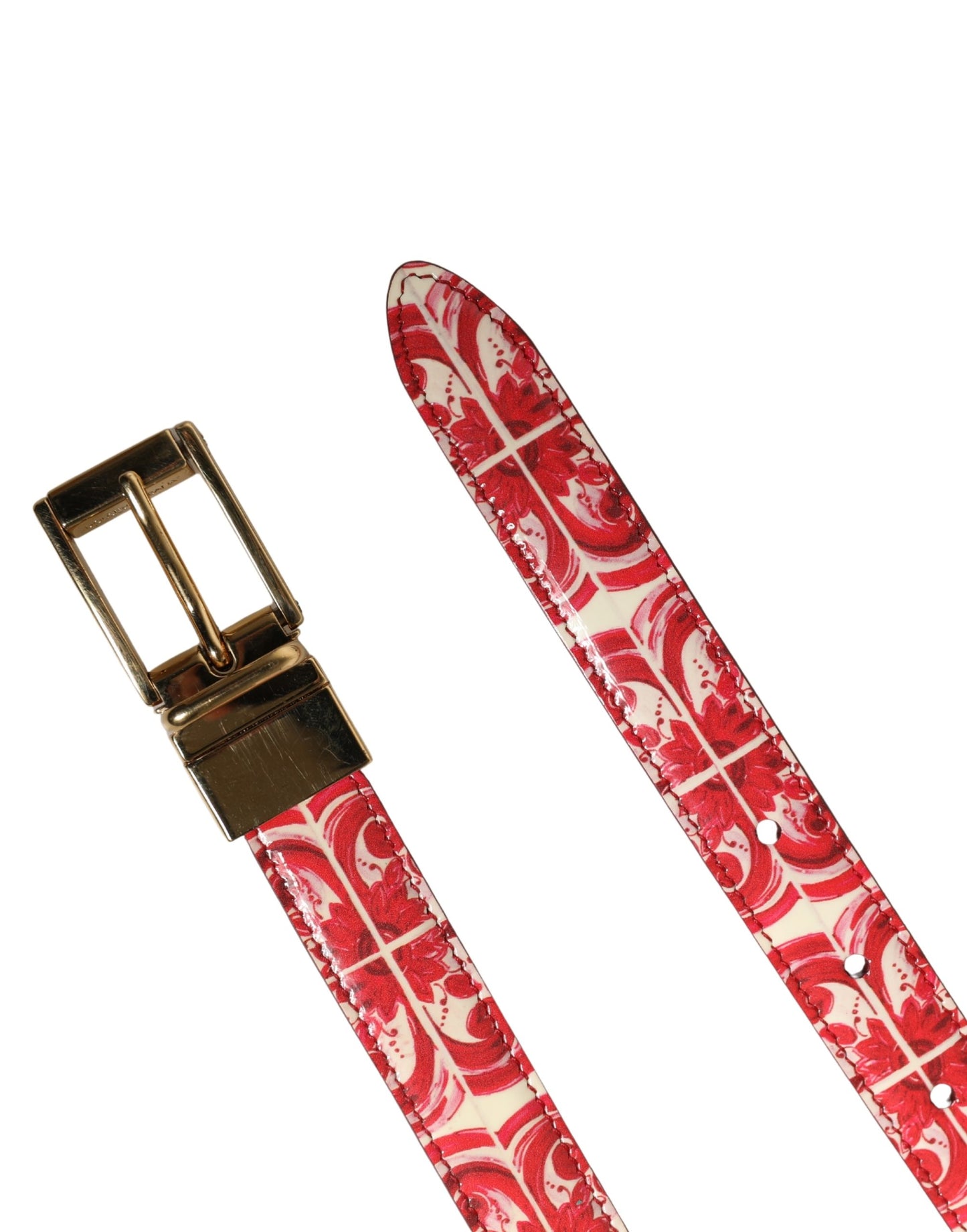Red White Jacquard Calf Leather Gold Tone Buckle Belt