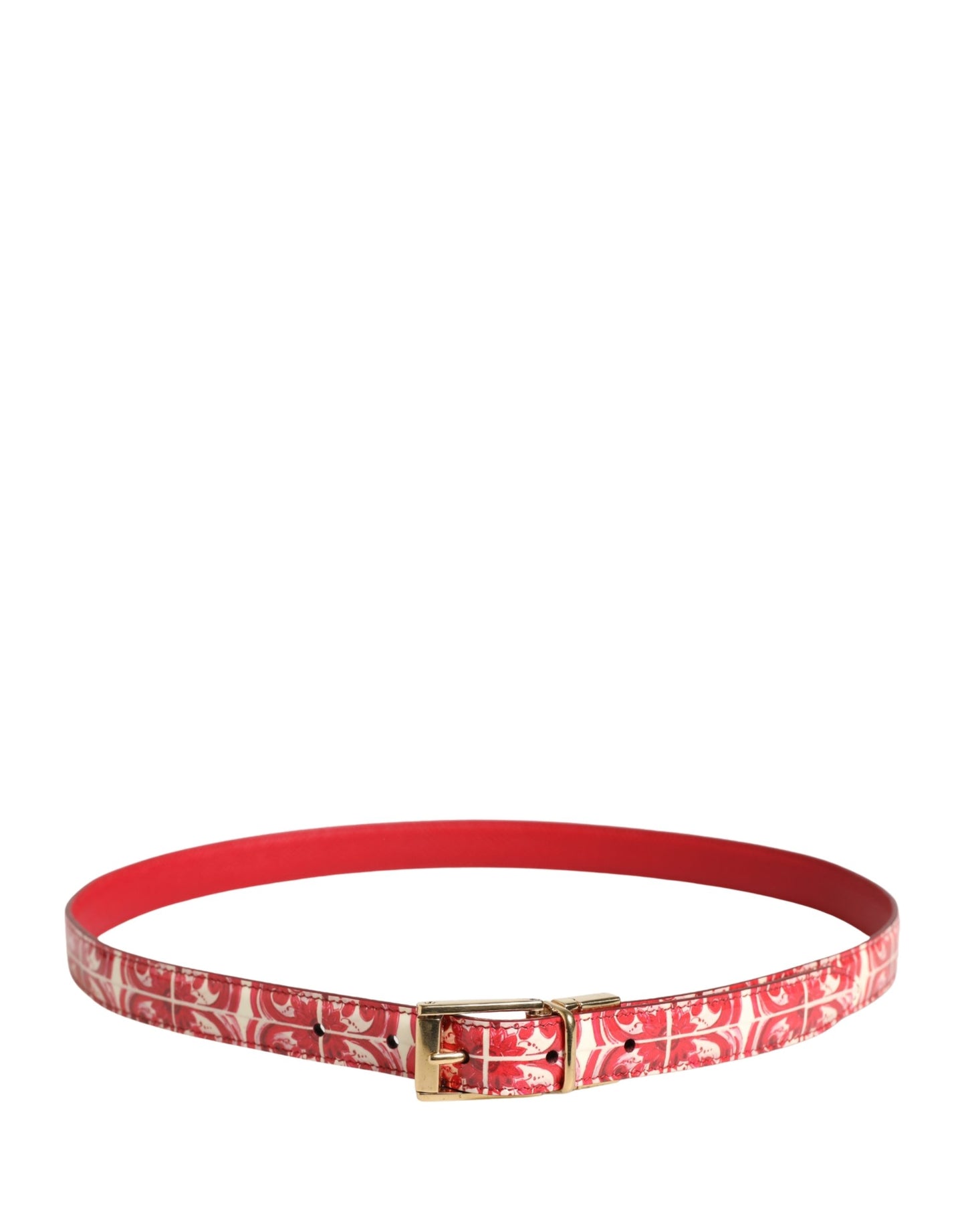 Red White Jacquard Calf Leather Gold Tone Buckle Belt