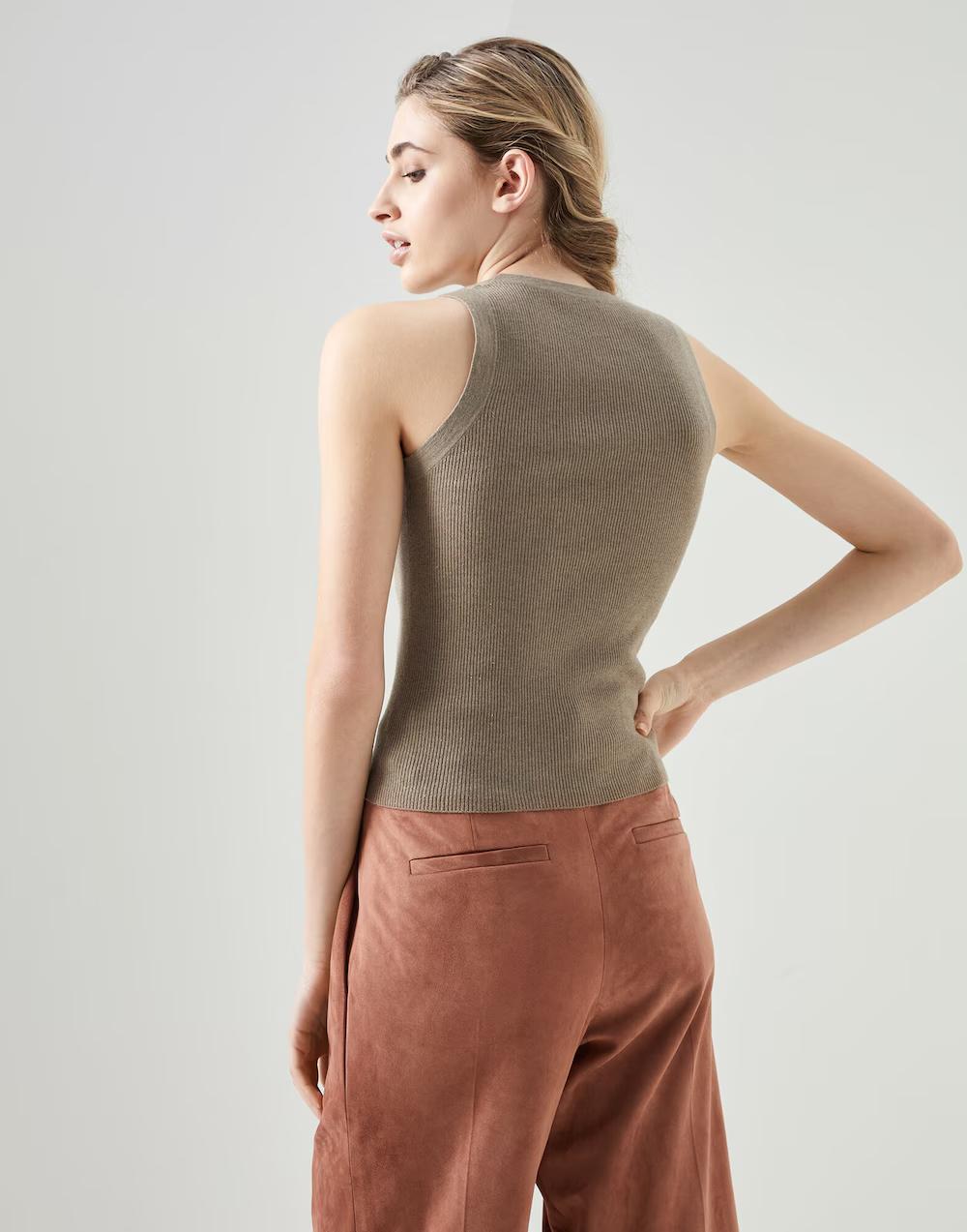 Brown Cashmere Sleeveles T-Shirt