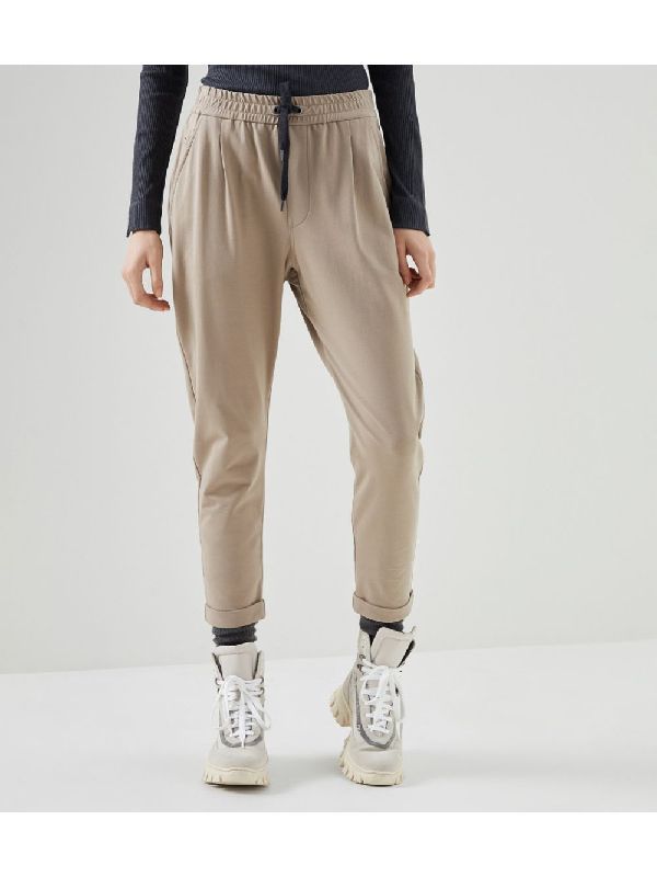Beige Cotton Athletic Pants
