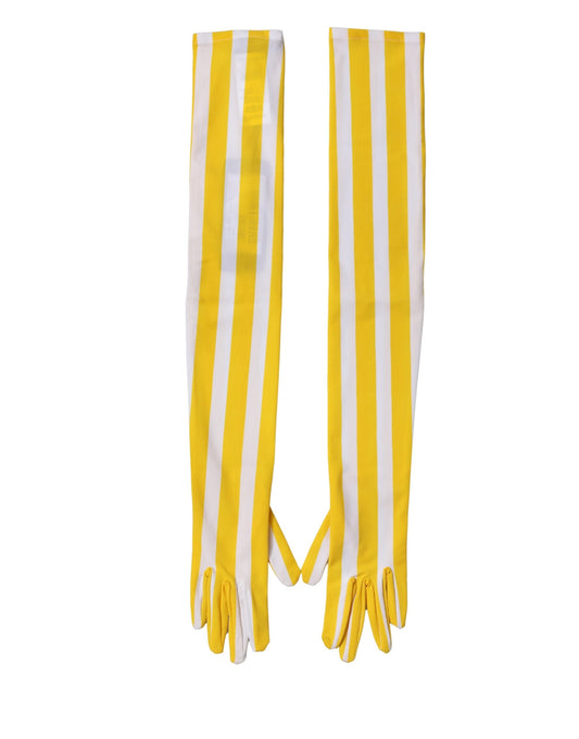 Yellow White Stripes Nylon Elbow Length Women Gloves