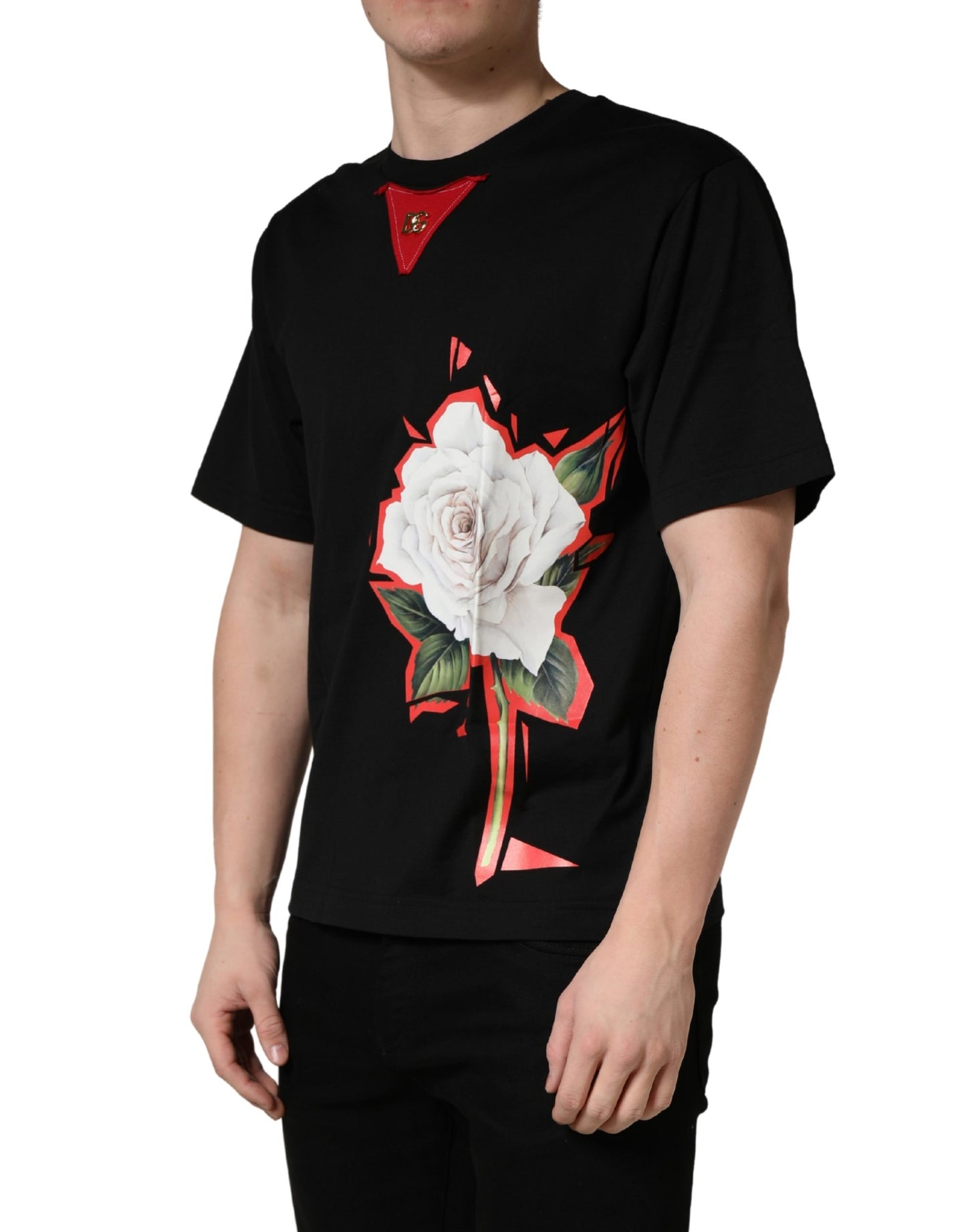 Black Floral Print Cotton Crew Neck T-shirt