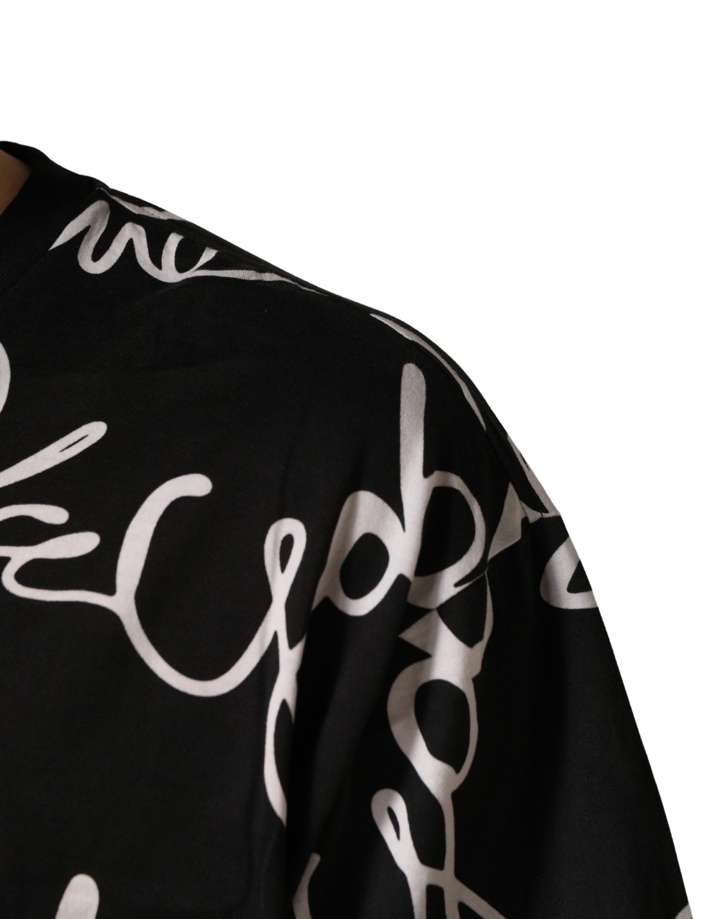Black Script Logo Print Men Crew Neck T-shirt
