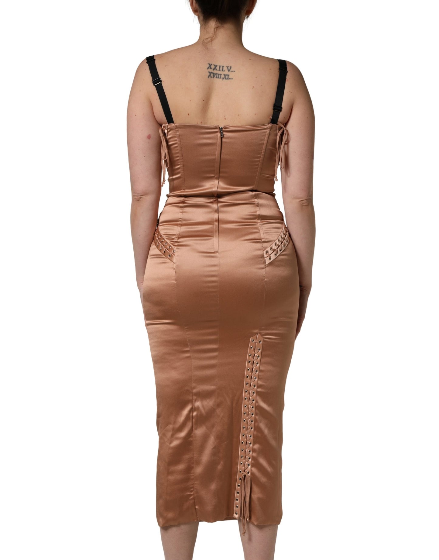 Brown Satin Silk Lace Eyelets Midi  Dress