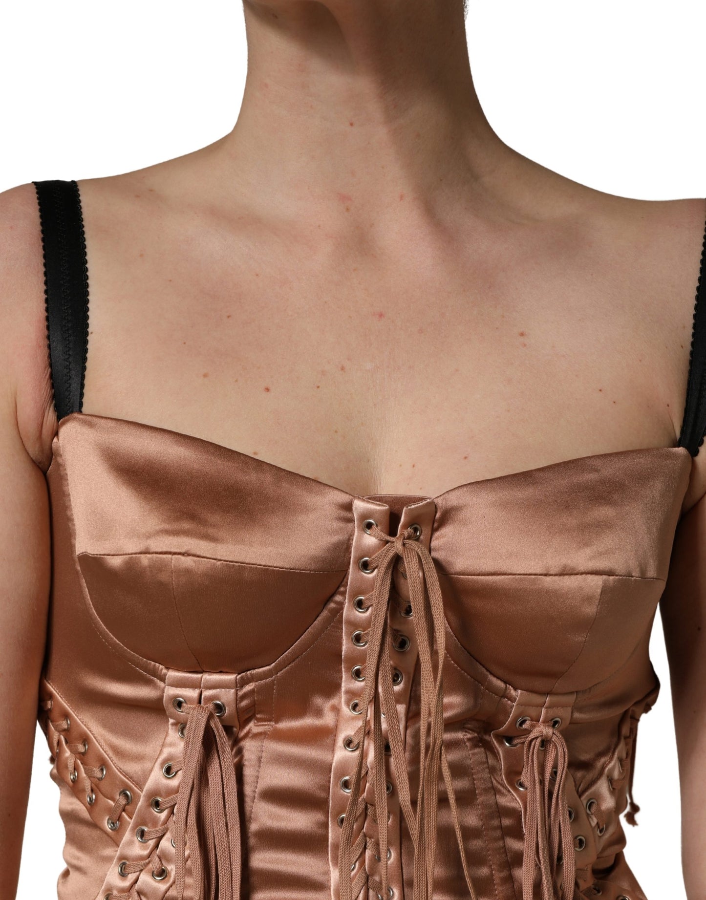 Brown Satin Silk Lace Eyelets Midi  Dress