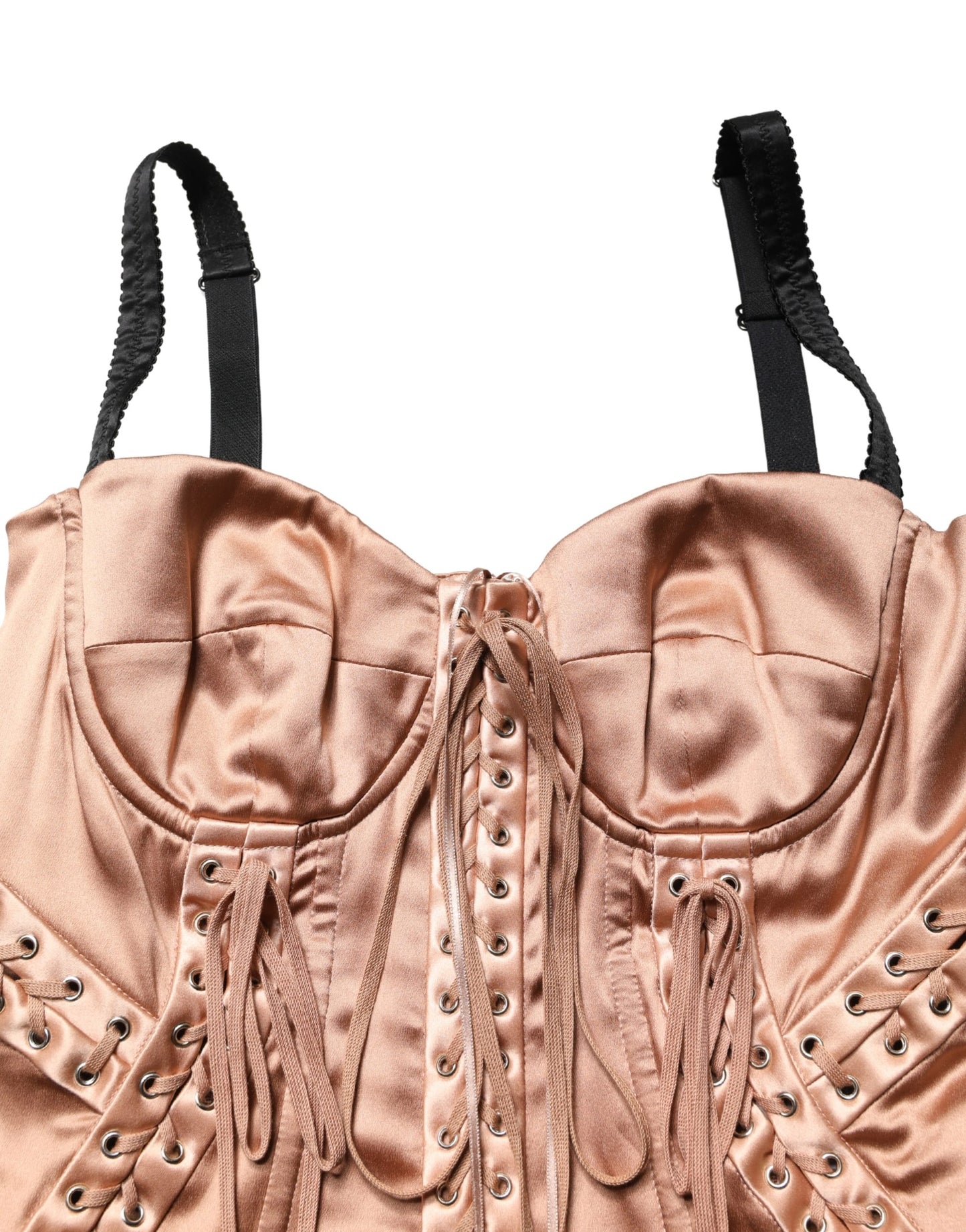 Brown Satin Silk Lace Eyelets Midi  Dress