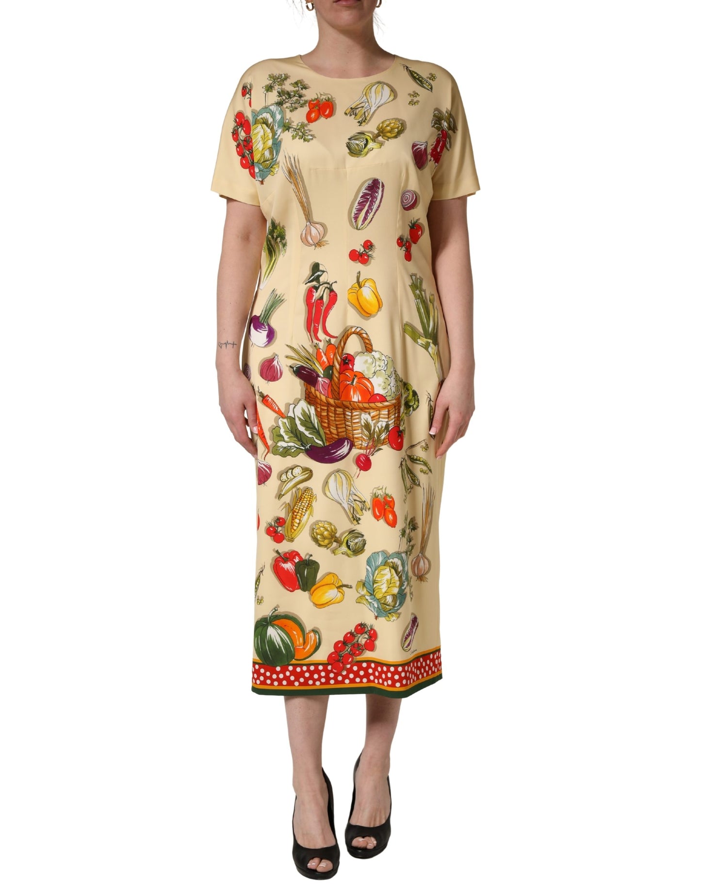 Beige Fruit PolkaDot Sheath Silk Midi Dress