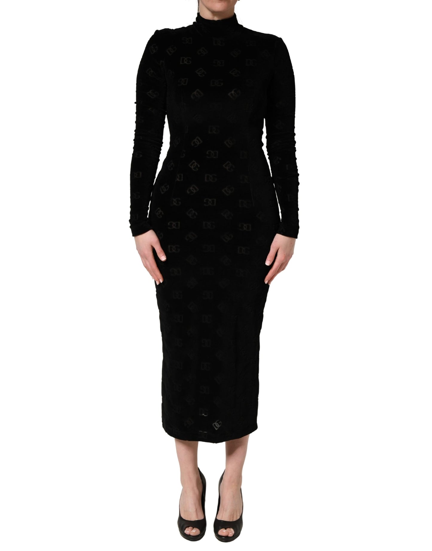Black Dg Logo Long Sleeves Cotton Midi Dress