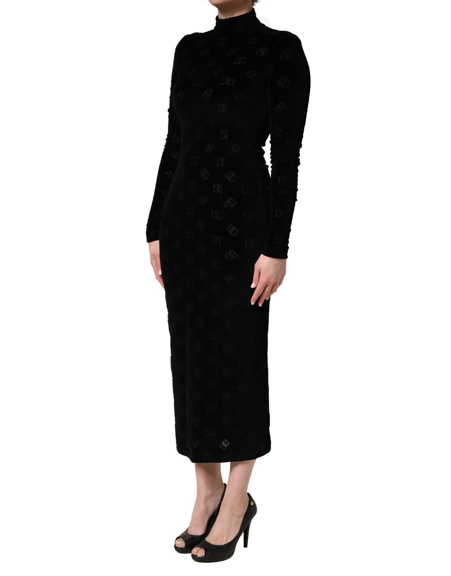 Black Dg Logo Long Sleeves Cotton Midi Dress