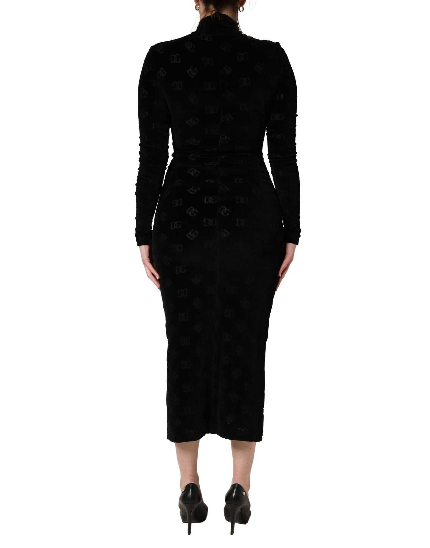 Black Dg Logo Long Sleeves Cotton Midi Dress