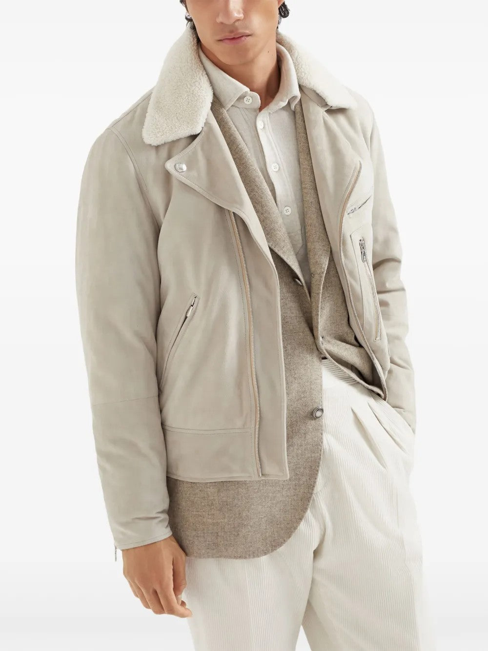 Beige Leather Biker Jacket