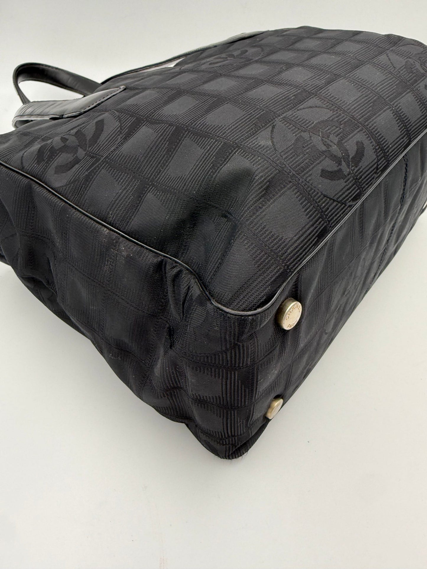 CHANEL Shopping Black Leather and Fabric Tote Bag