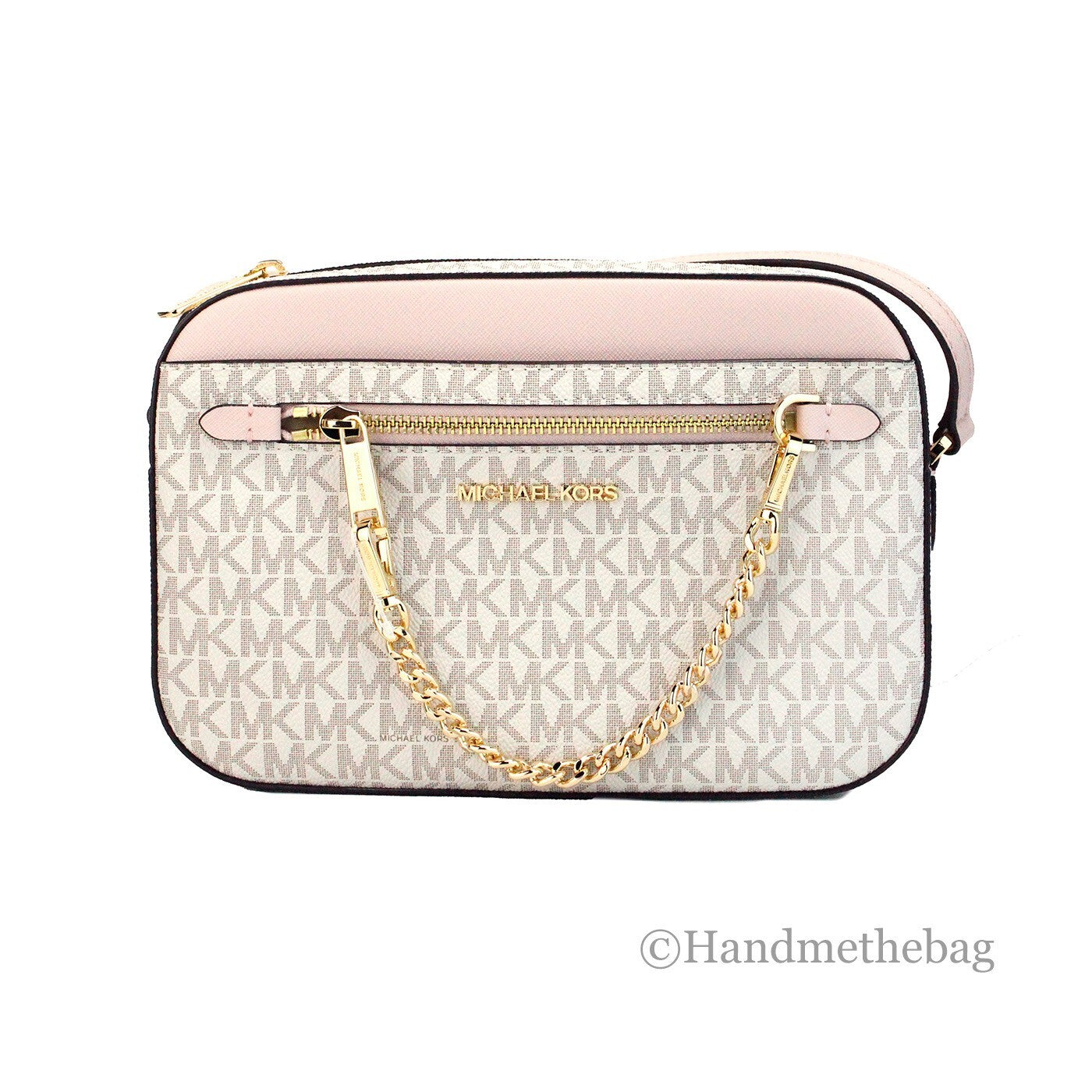 Michael Kors Adult Saffiano Leather Chain Zip Crossbody Handbag, Vanilla/Powder Blush