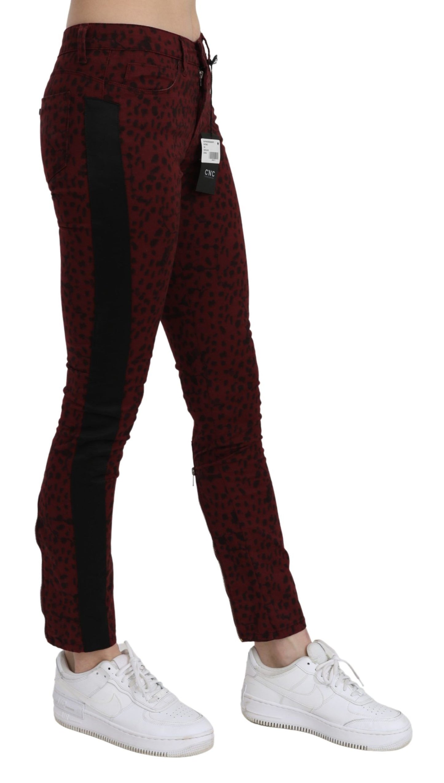 Dark Red Mid Waist Slim Fit Cotton Jeans
