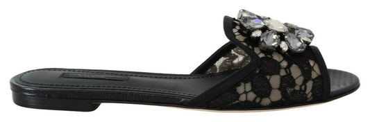 Black Taormina Lace Slides Crystals Flats Shoes