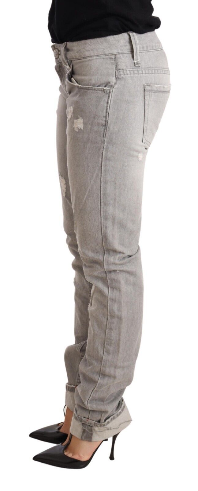 Gray Tattered Cotton Slim Fit Folded Hem Women Denim Jeans