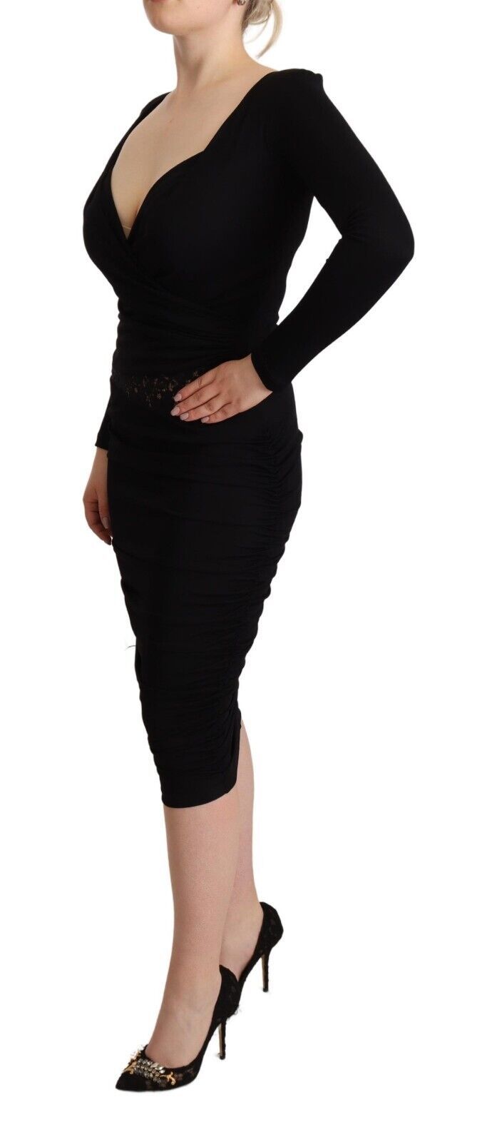 Black Long Sleeves Sweetheart Neck Midi Dress