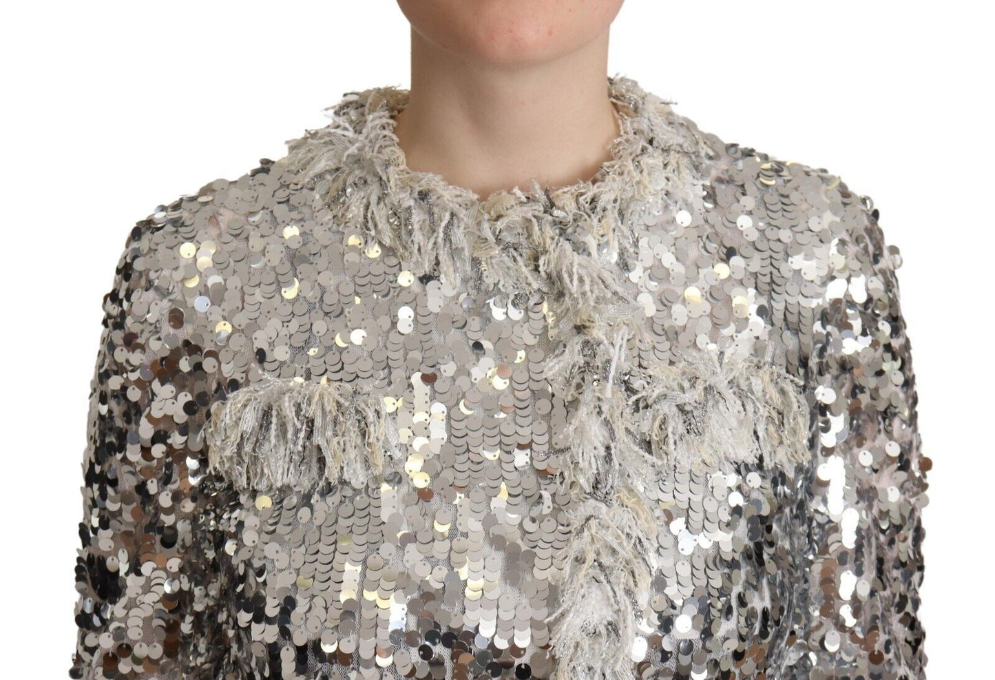 Silver Sequined Shearling Long Sleeves Jacket
