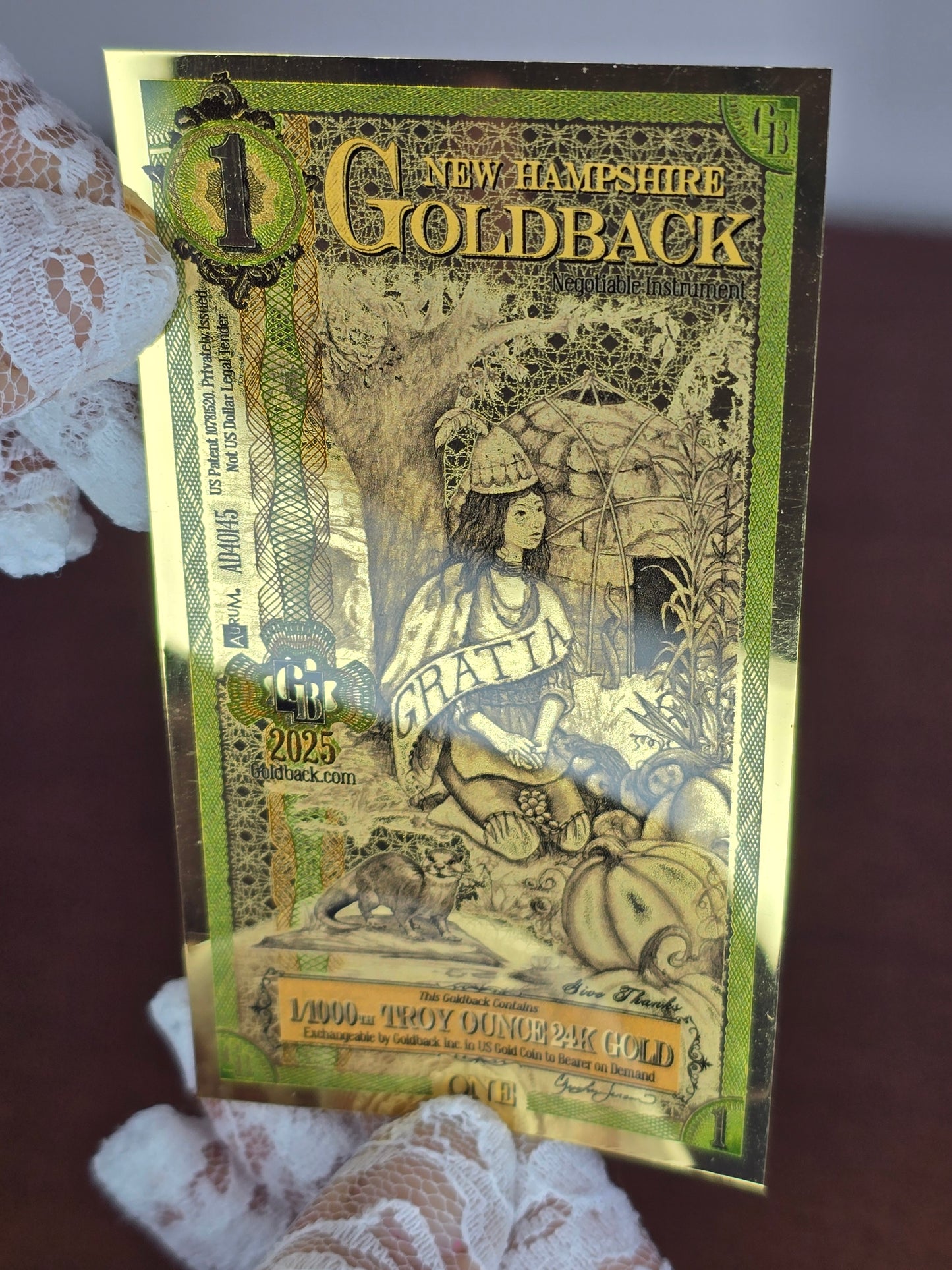 1 New Hampshire Goldback – Banconota in Oro Puro 1/1000 oz