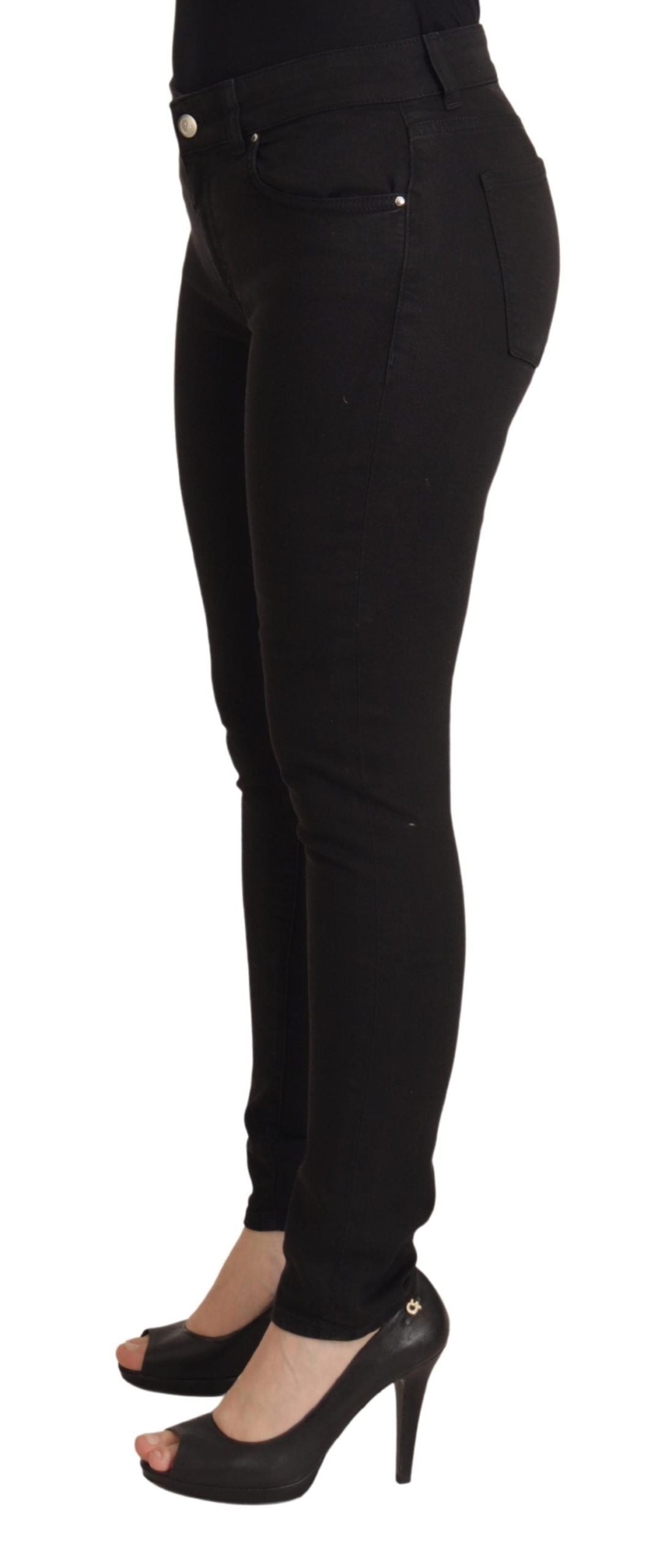 Black Mid Waist Skinny Denim Cotton Jeans