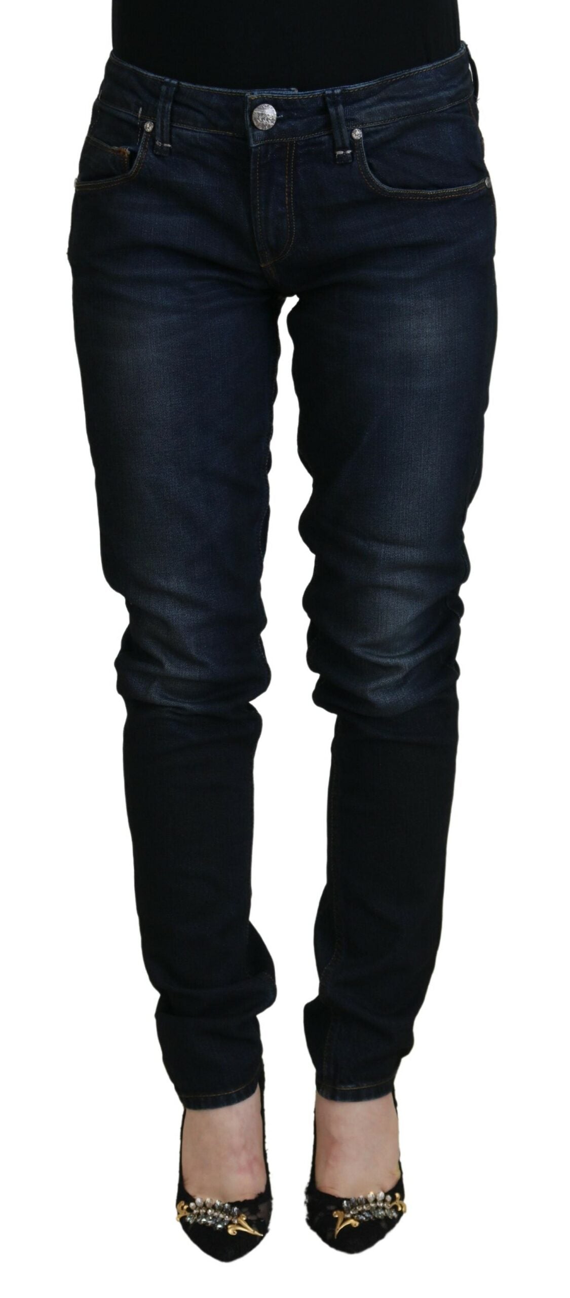 Blue Cotton Skinny Low Waist Women Casual Denim Jeans