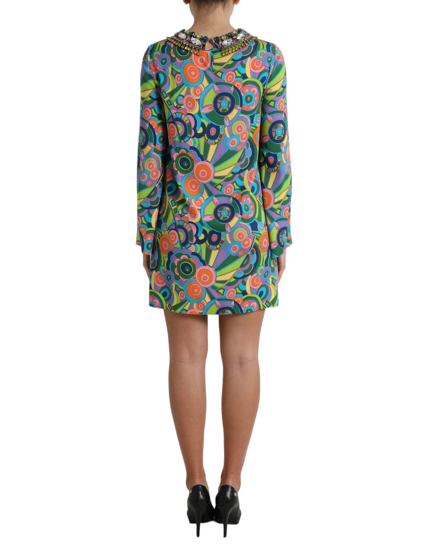 Multicolor Geometric Print Silk Crystals Midi Dress