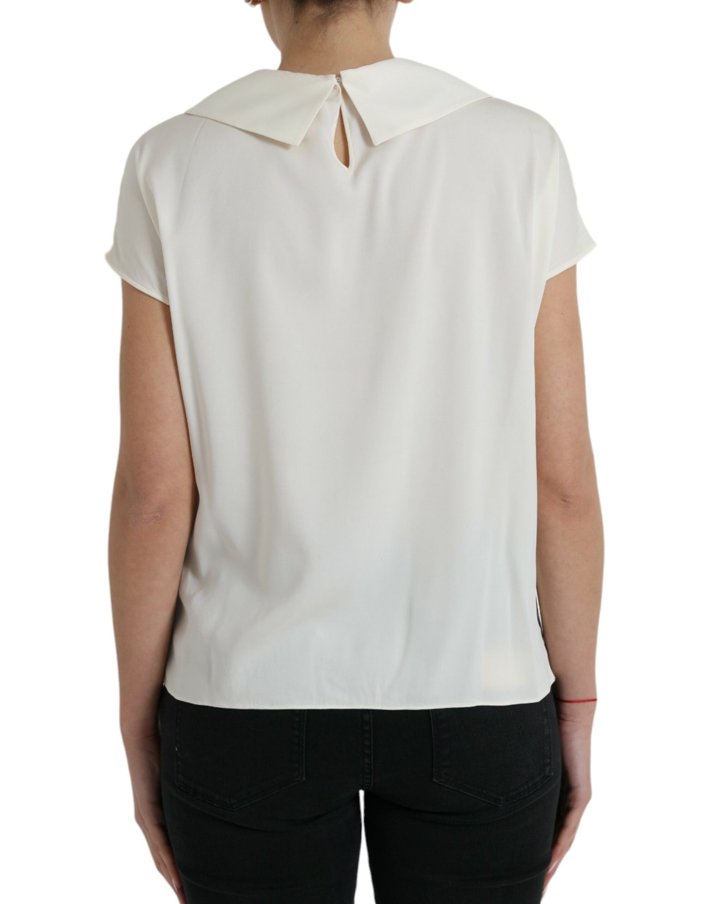 Off White Silk Lace Trim Short Sleeves Top