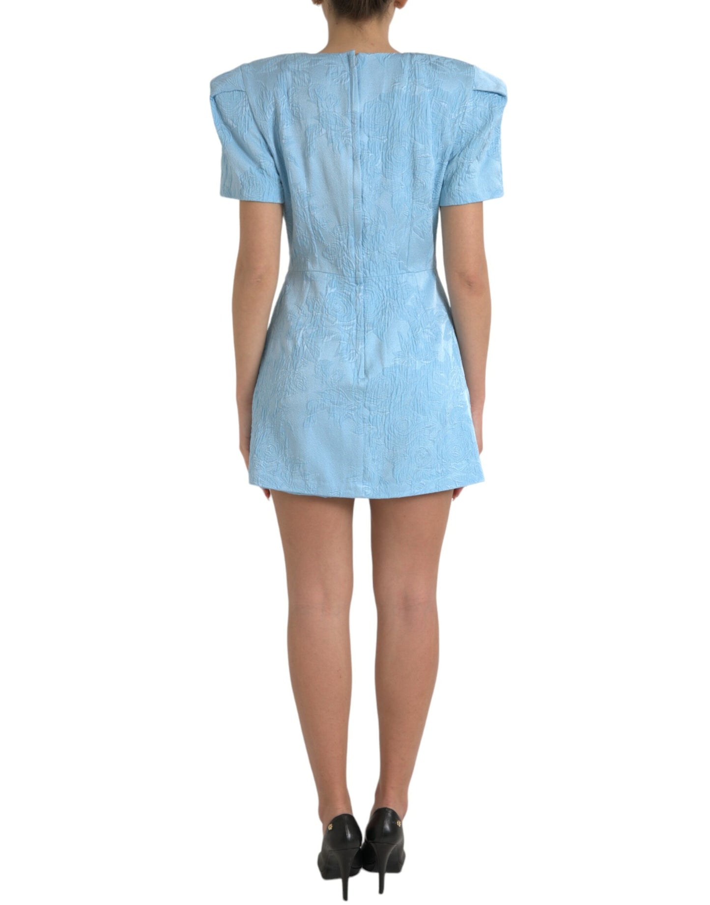Light Blue Floral Jacquard Puff Sleeve Mini Dress
