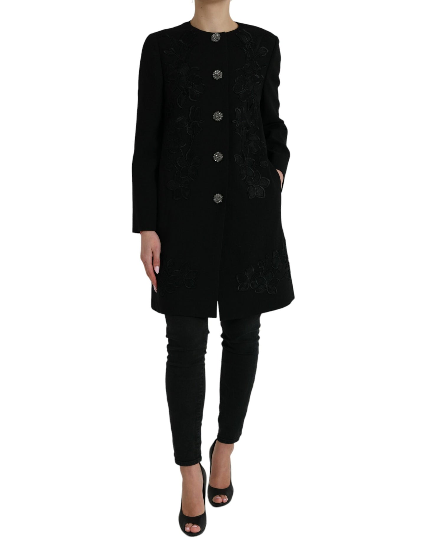 Black Floral Wool Button Embellished Jacket