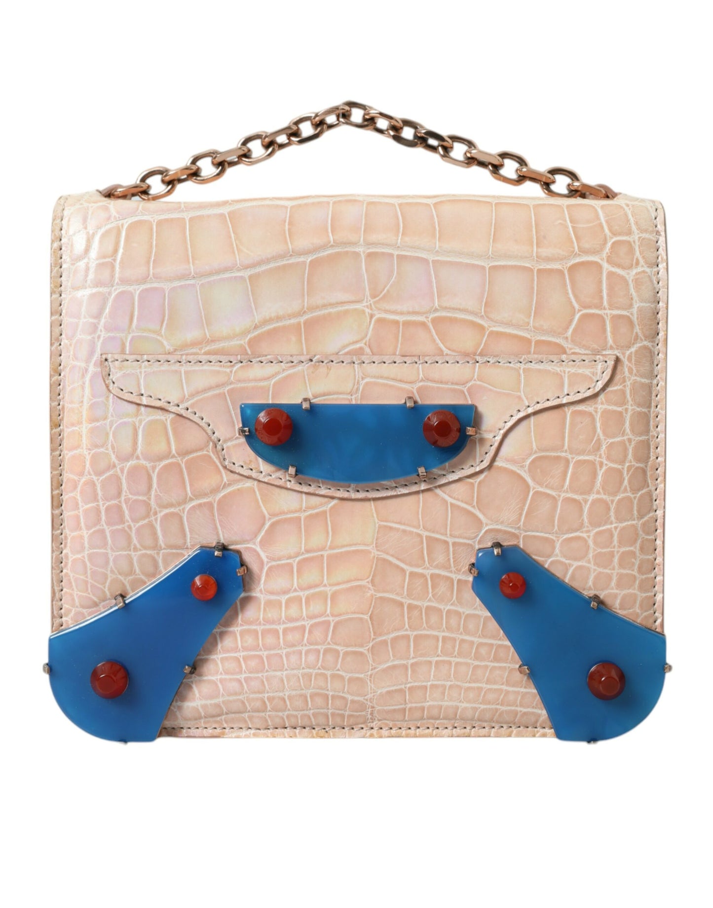 Beige Blue Agate Exotic Leather Gold Chain Purse Bag